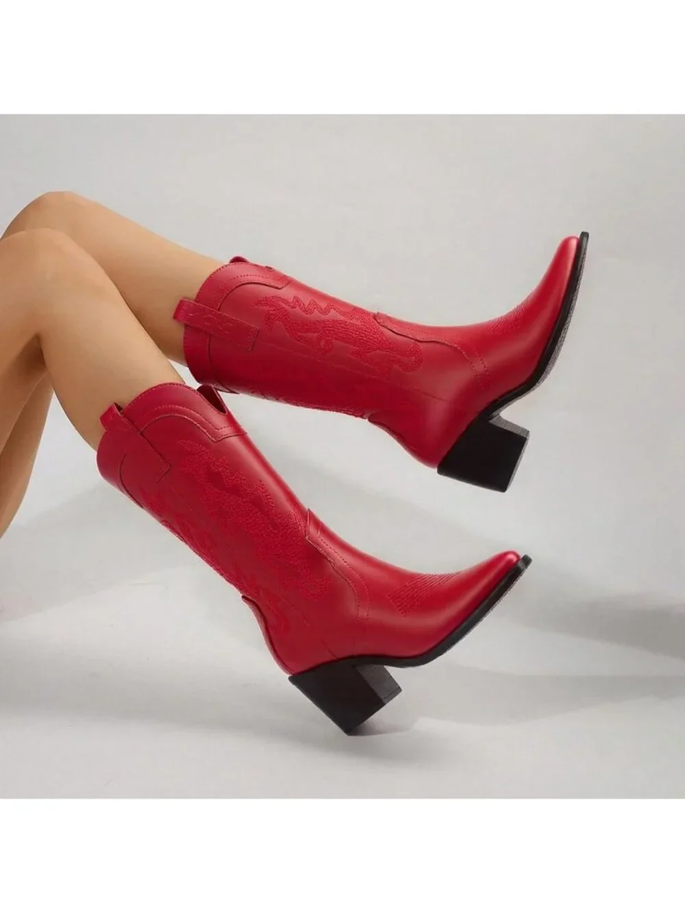 Women's Red Cowboy Boots Pointed Toe Western Boots Embroidered Mid Calf Boots - Picture 6 of 6